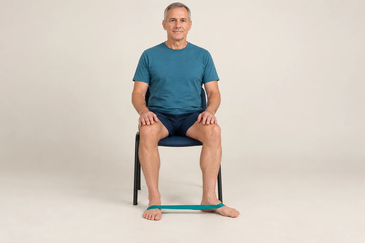 A seated man with a loop band around both forefeet moves one forefoot outwards while both heels stay down