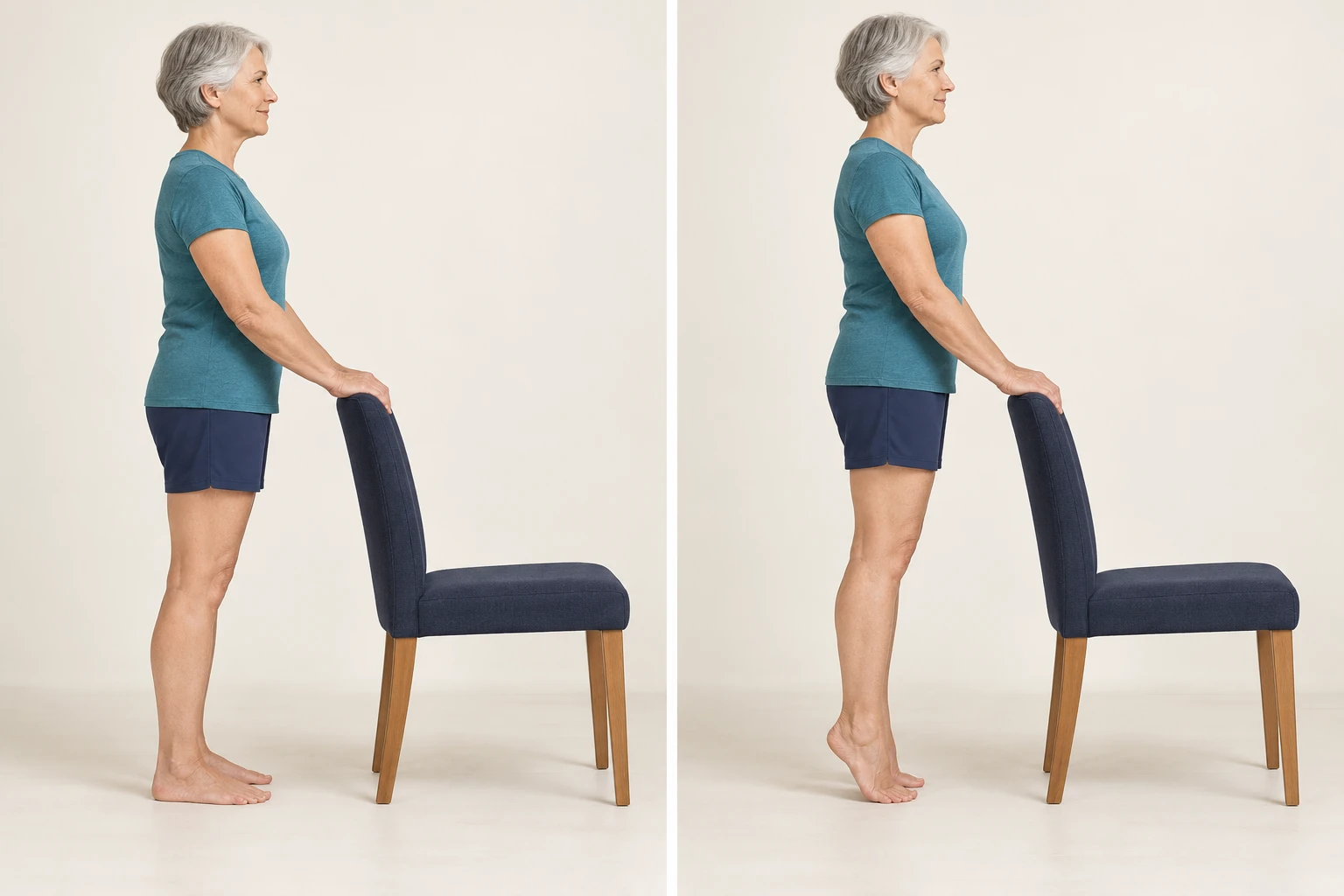 A woman holding a chair raises both heels from a flat floor while keeping her forefeet planted