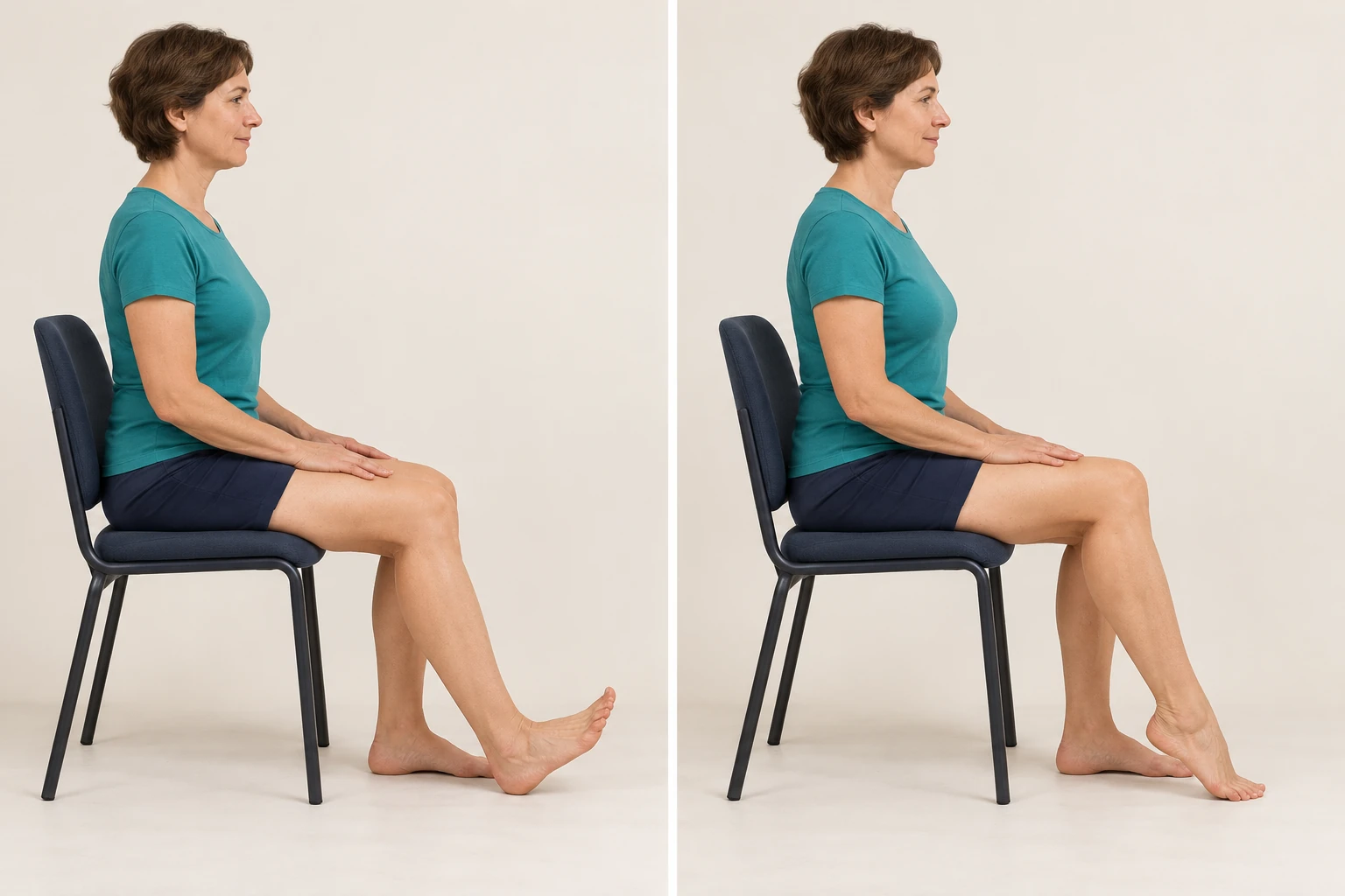 A seated woman first lifts the toes with the heel down, then lifts the heel with the forefoot down