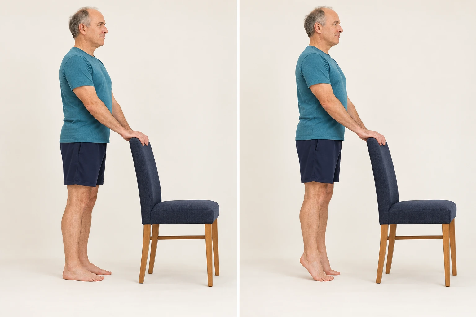 A man holding a chair raises both heels on a flat floor with knees straight and both forefeet planted