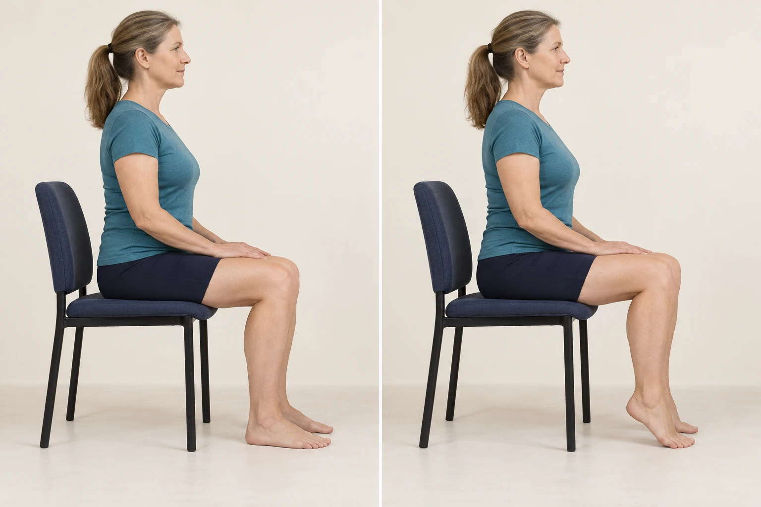 A seated woman lifts both heels while her knees stay bent and the balls of both feet stay on the floor