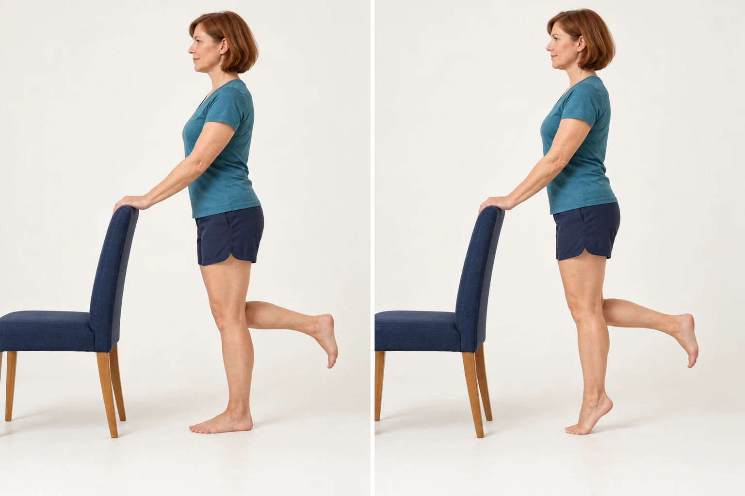 A woman holding a chair raises the heel of the support leg while the other foot remains off the floor